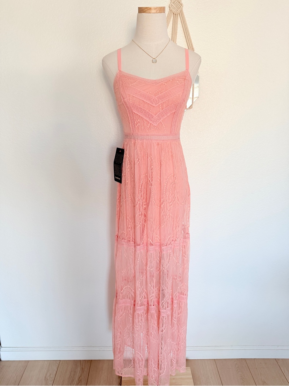🌺 BEBE Lace Inset Maxi Dress Coral Pink Vintage Look Lace Overlay